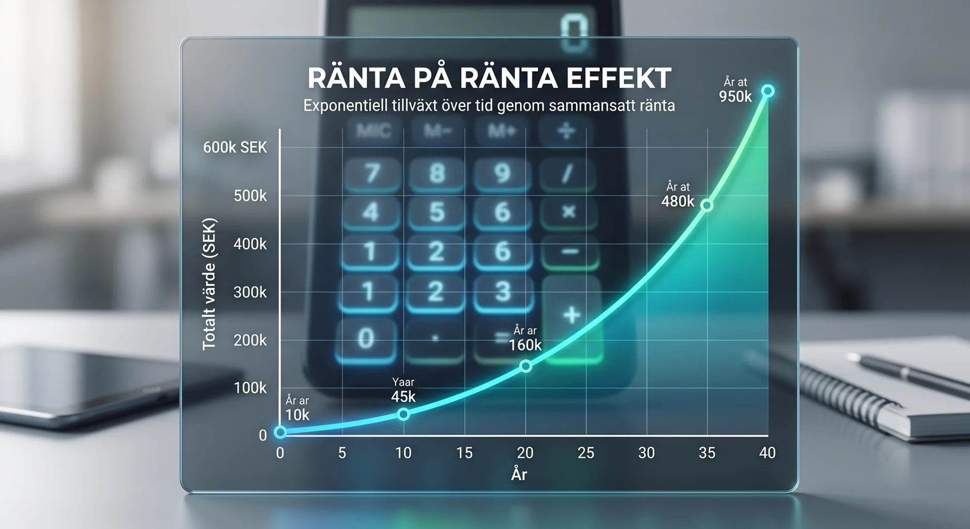 Graf som visar exponentiell tillväxt från ränta på ränta kalkylator