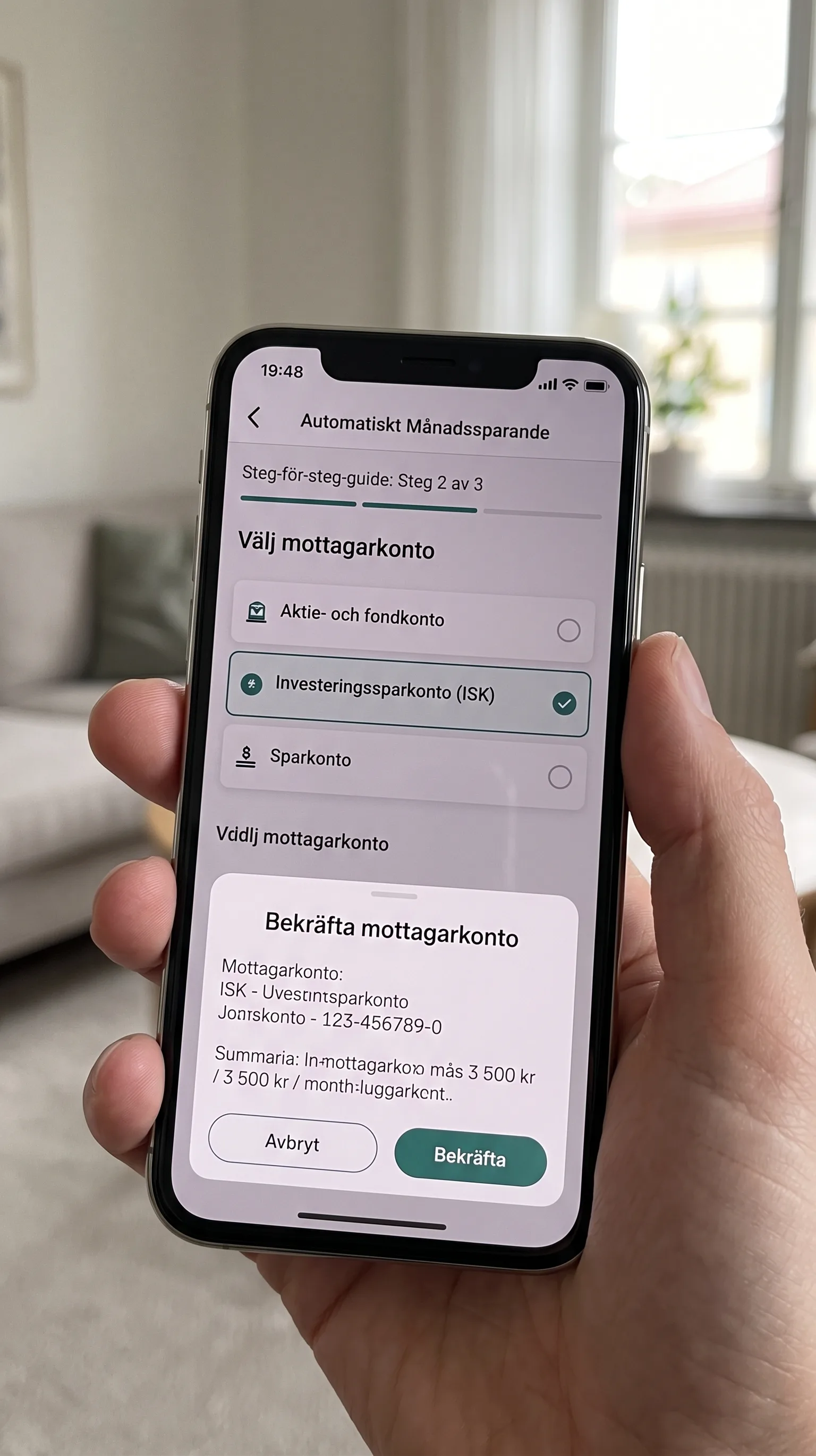 Mobilskärm som visar ett automatiskt månadssparande via Investeringssparkonto